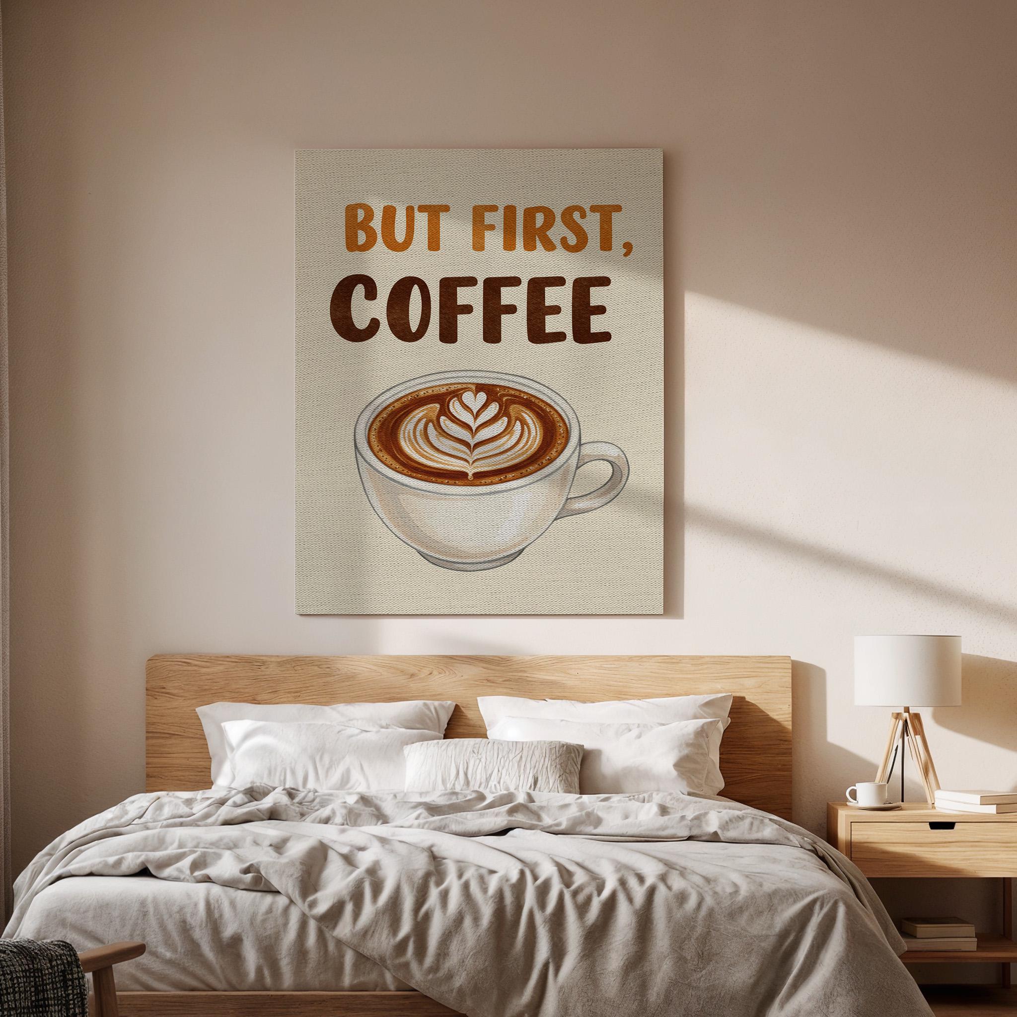 But First Coffee Canvas Wall Art, Rustic Kitchen Print with Latte Art, Modern Cafe Decor, Quote Typography Artwork, Framed Dining Room