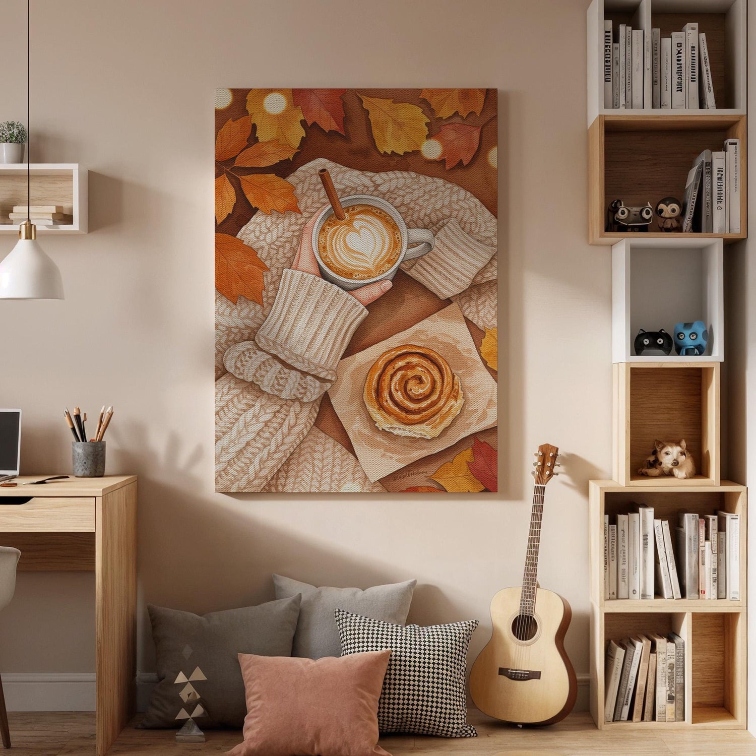 Autumn Coffee Canvas Wall Art, Cozy Fall Print with Sweater, Cinnamon Roll, Rustic Kitchen Decor, Seasonal Cafe Artwork, Framed Dining Room