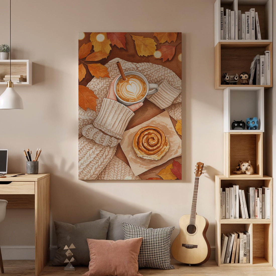 Autumn Coffee Canvas Wall Art, Cozy Fall Print with Sweater, Cinnamon Roll, Rustic Kitchen Decor, Seasonal Cafe Artwork, Framed Dining Room