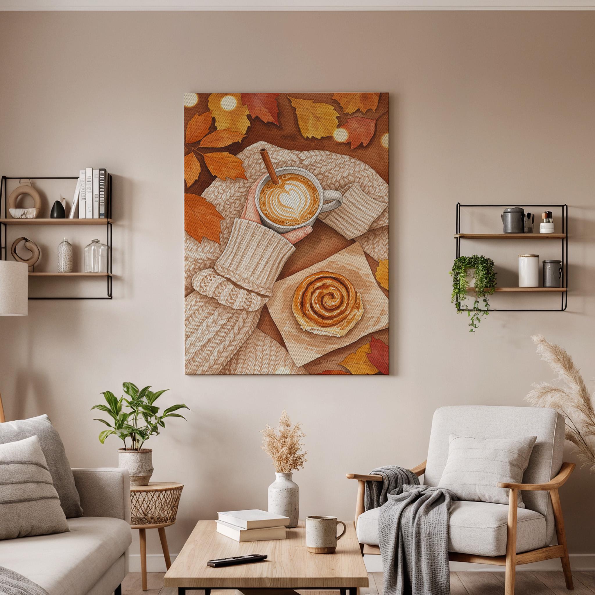 Autumn Coffee Canvas Wall Art, Cozy Fall Print with Sweater, Cinnamon Roll, Rustic Kitchen Decor, Seasonal Cafe Artwork, Framed Dining Room