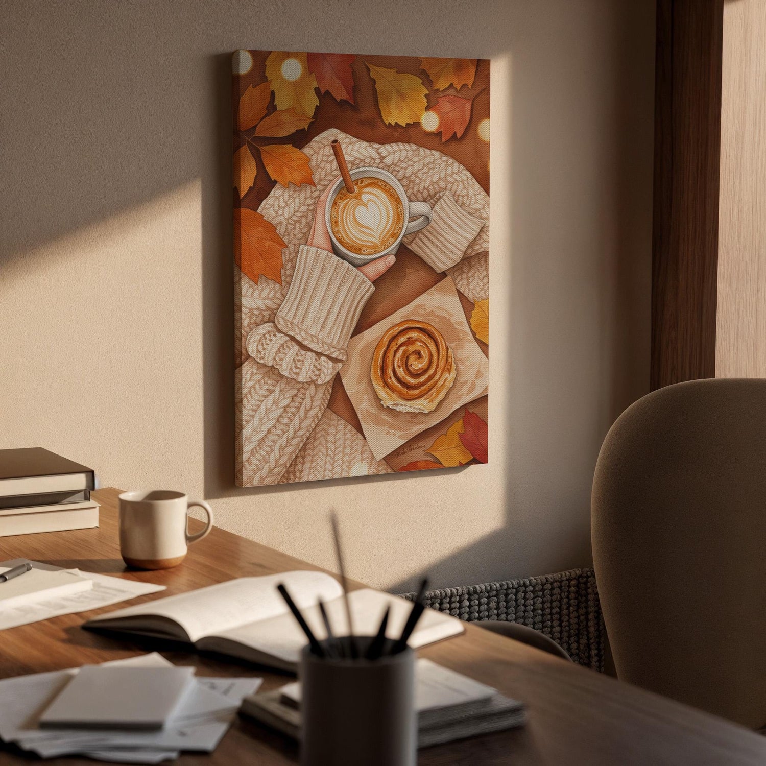 Autumn Coffee Canvas Wall Art, Cozy Fall Print with Sweater, Cinnamon Roll, Rustic Kitchen Decor, Seasonal Cafe Artwork, Framed Dining Room