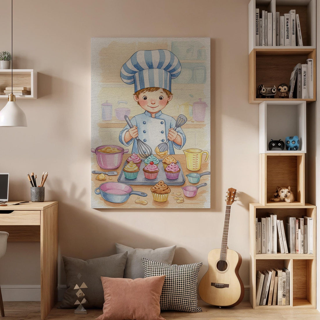 Little Chef Canvas Wall Art, Cute Kids Baking Print with Cupcakes, Whimsical Kitchen Artwork, Playful Culinary Decor, Framed Nursery