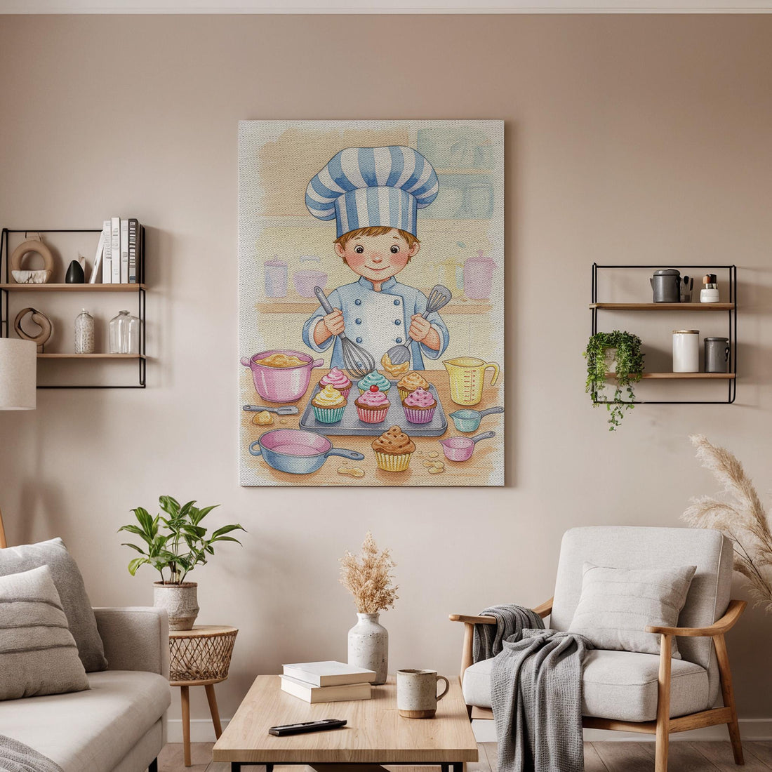 Little Chef Canvas Wall Art, Cute Kids Baking Print with Cupcakes, Whimsical Kitchen Artwork, Playful Culinary Decor, Framed Nursery