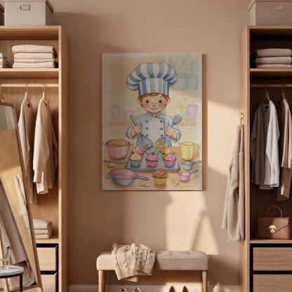 Little Chef Canvas Wall Art, Cute Kids Baking Print with Cupcakes, Whimsical Kitchen Artwork, Playful Culinary Decor, Framed Nursery