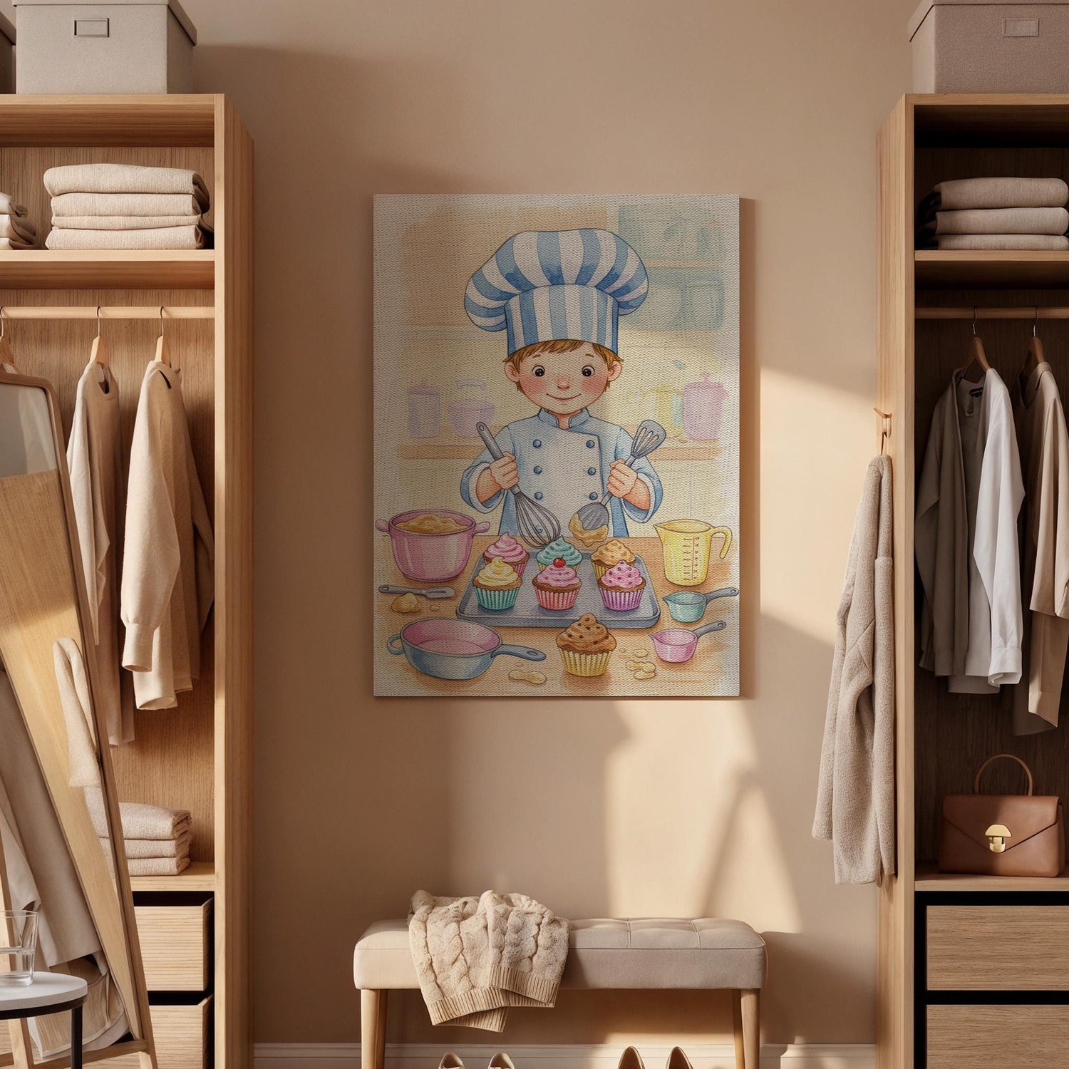 Little Chef Canvas Wall Art, Cute Kids Baking Print with Cupcakes, Whimsical Kitchen Artwork, Playful Culinary Decor, Framed Nursery