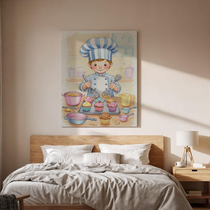 Little Chef Canvas Wall Art, Cute Kids Baking Print with Cupcakes, Whimsical Kitchen Artwork, Playful Culinary Decor, Framed Nursery