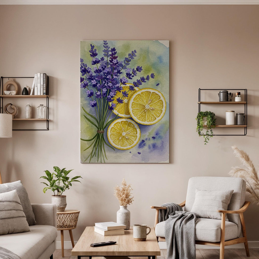 Lavender Lemon Canvas Wall Art, Kitchen Botanical Print, Fresh Herb and Fruit Illustration, Rustic Country Style Decor for Dining Room
