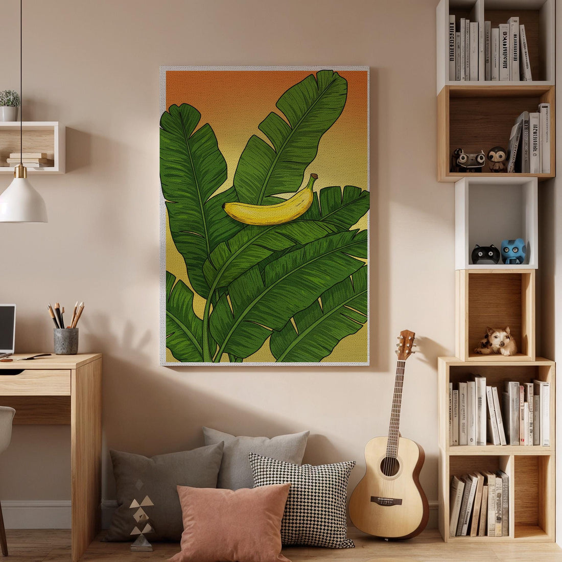 Banana Leaf Canvas Wall Art, Tropical Fruit Print, Green Botanical Kitchen Artwork, Vibrant Nature Decor, Framed Exotic Food Wall Hanging