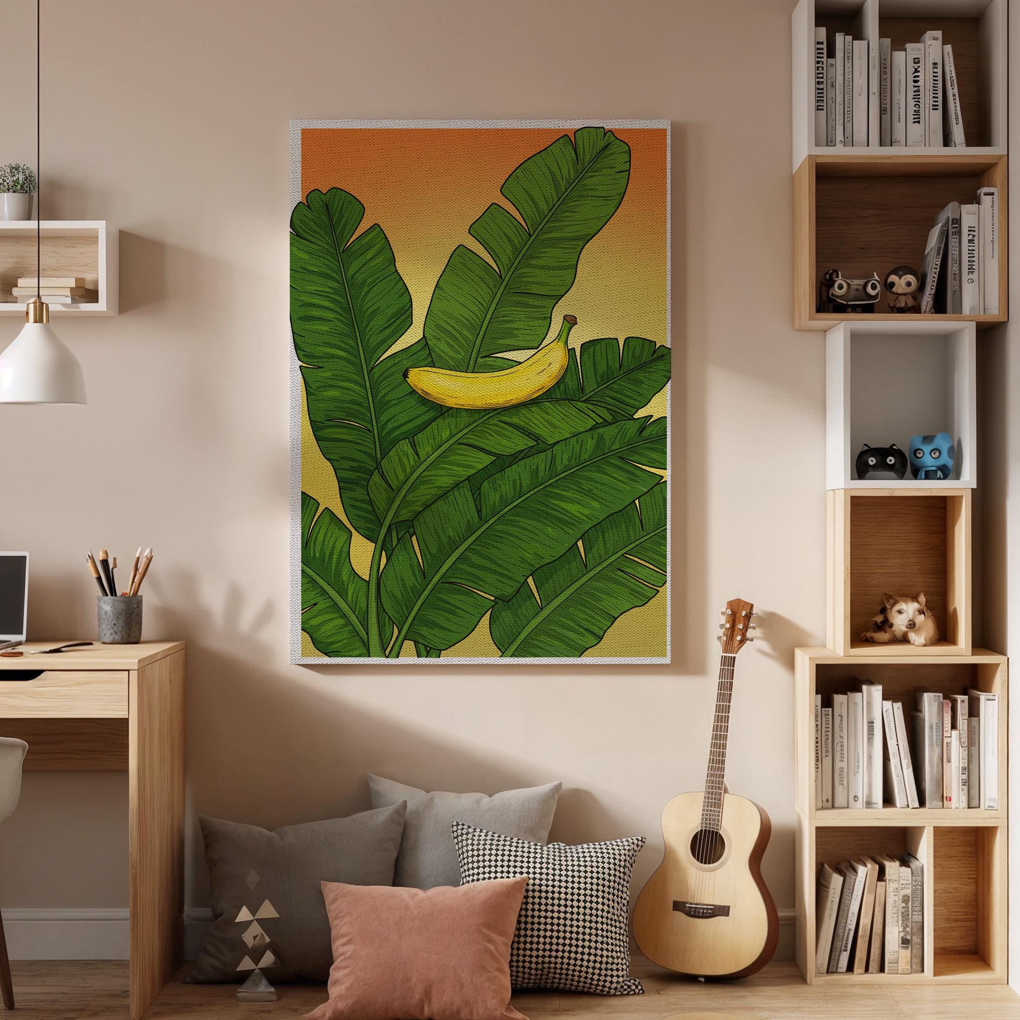 Banana Leaf Canvas Wall Art, Tropical Fruit Print, Green Botanical Kitchen Artwork, Vibrant Nature Decor, Framed Exotic Food Wall Hanging