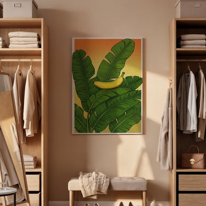 Banana Leaf Canvas Wall Art, Tropical Fruit Print, Green Botanical Kitchen Artwork, Vibrant Nature Decor, Framed Exotic Food Wall Hanging