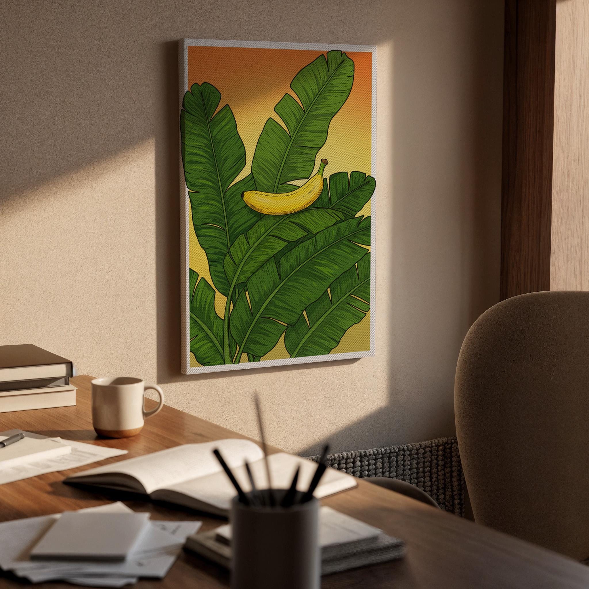Banana Leaf Canvas Wall Art, Tropical Fruit Print, Green Botanical Kitchen Artwork, Vibrant Nature Decor, Framed Exotic Food Wall Hanging