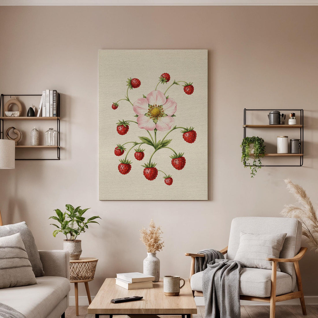 Strawberry Botanical Canvas Wall Art, Vintage Fruit Flower Print, Rustic Kitchen Decor, Farmhouse Dining Artwork, Framed Garden Illustration