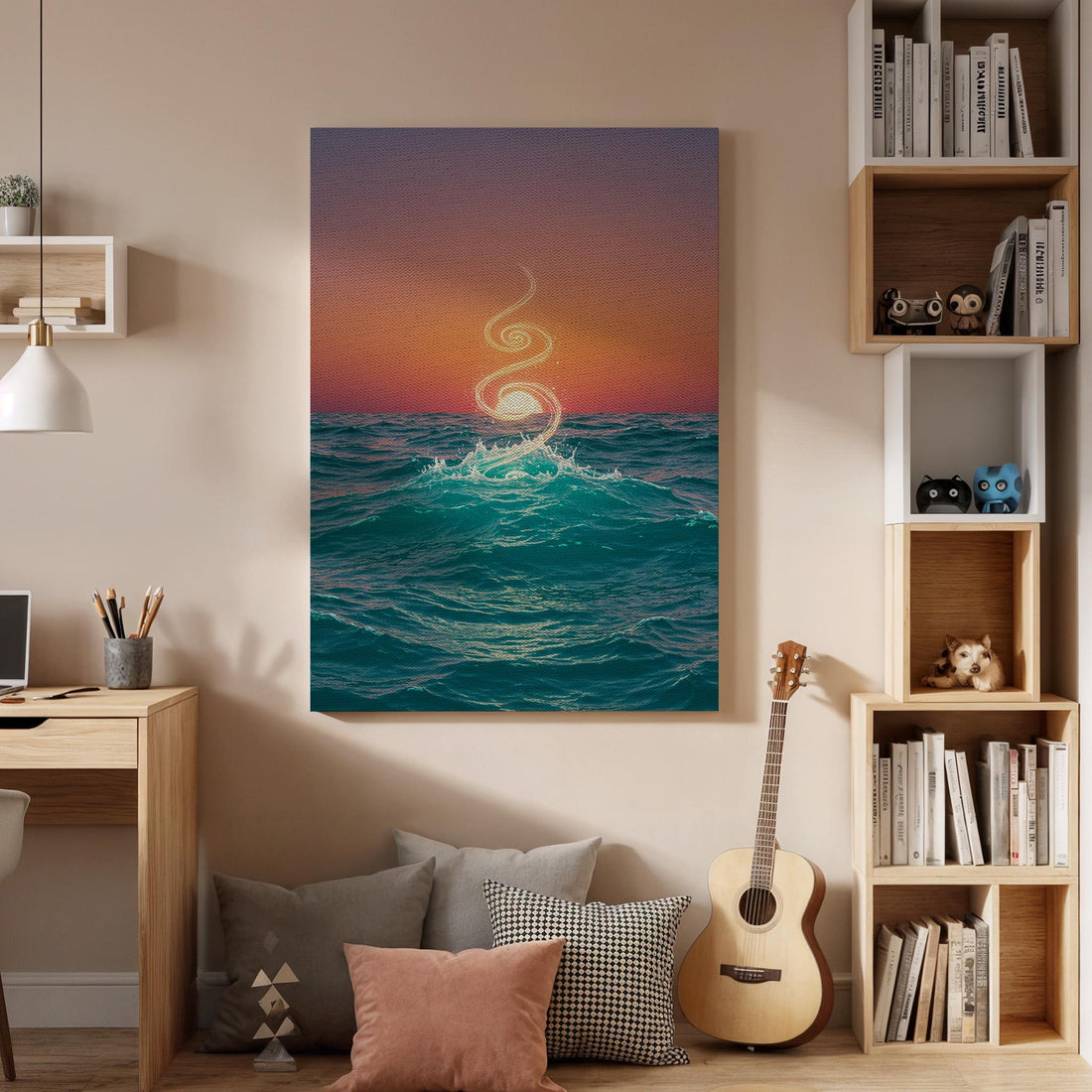 Ocean Sunset Canvas Wall Art, Spiritual Wave Print, Abstract Seascape Decor, Framed Nature Artwork for Living Room Bedroom, Meditation Space