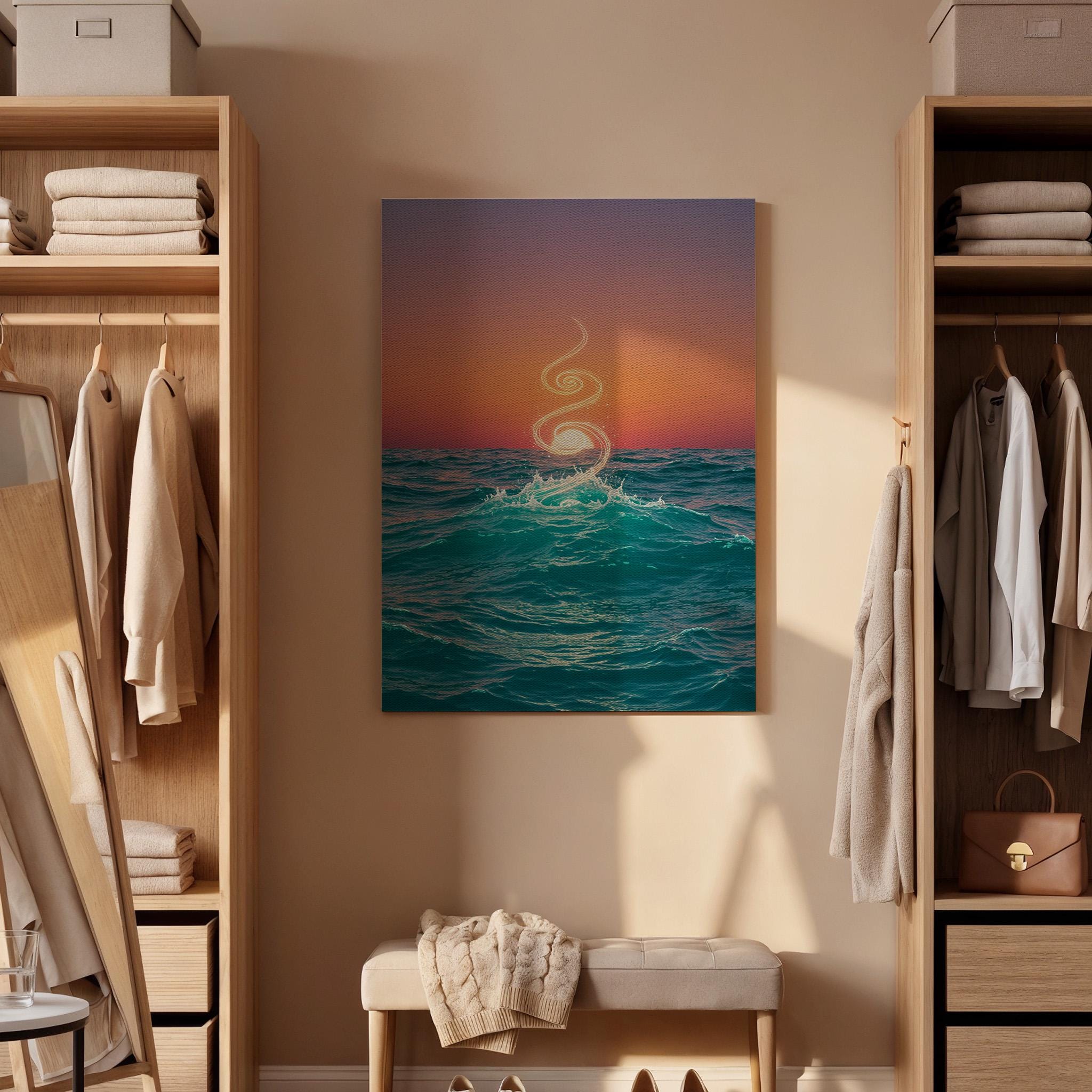 Ocean Sunset Canvas Wall Art, Spiritual Wave Print, Abstract Seascape Decor, Framed Nature Artwork for Living Room Bedroom, Meditation Space