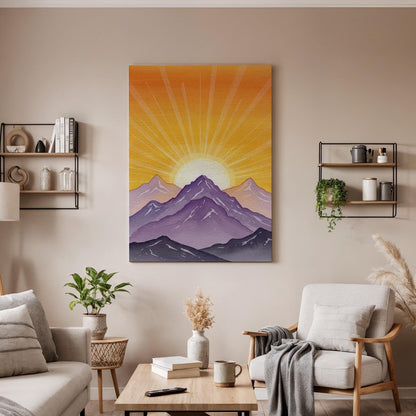 Sunrise Mountain Canvas Wall Art, Purple Sunset Landscape Print, Framed Minimal Nature Decor, Abstract Mountain Artwork for Living Room