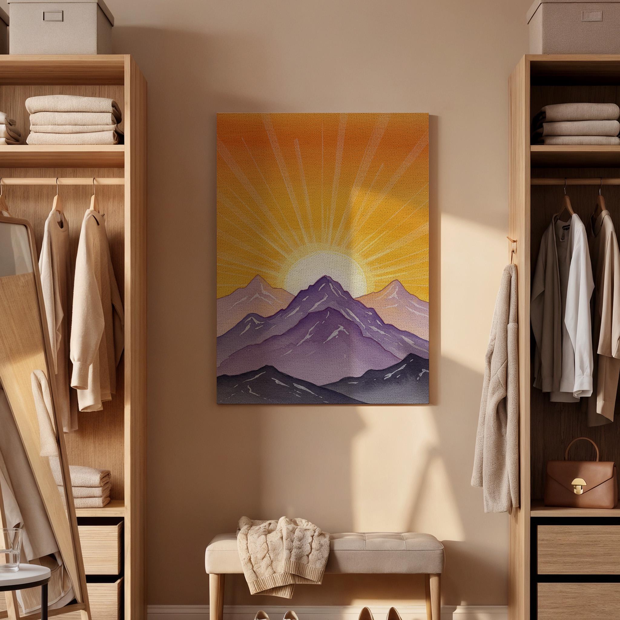 Sunrise Mountain Canvas Wall Art, Purple Sunset Landscape Print, Framed Minimal Nature Decor, Abstract Mountain Artwork for Living Room