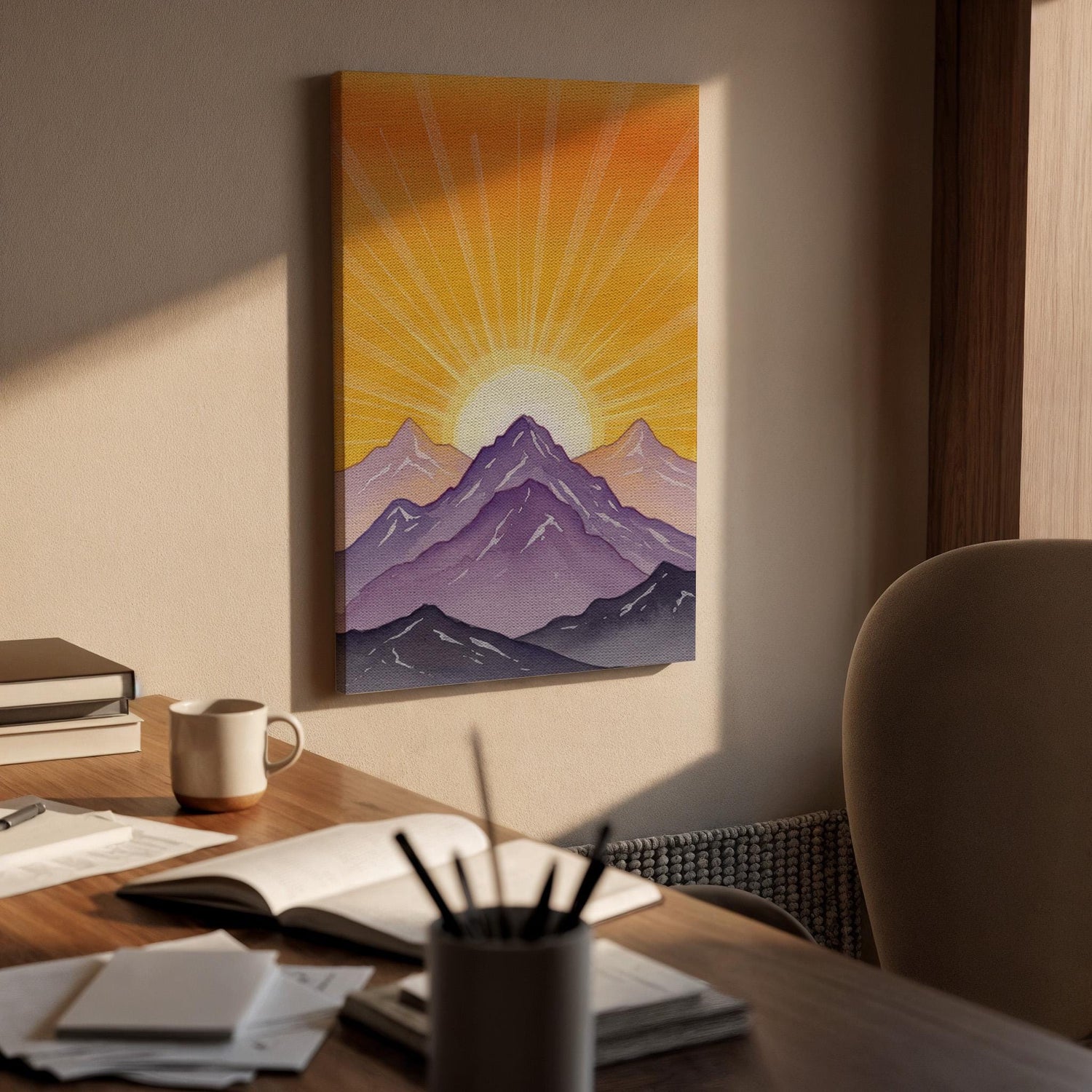 Sunrise Mountain Canvas Wall Art, Purple Sunset Landscape Print, Framed Minimal Nature Decor, Abstract Mountain Artwork for Living Room