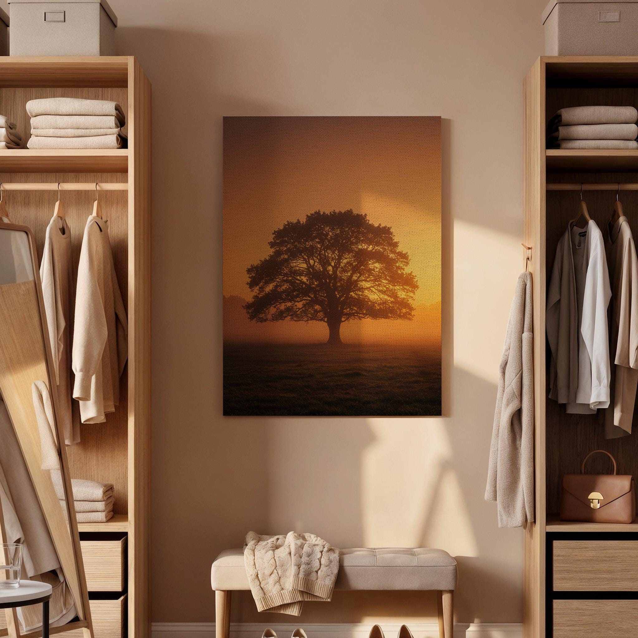 Sunset Tree Canvas Wall Art, Golden Hour Landscape Print, Framed Nature Photography, Serene Minimal Artwork for Living Room Bedroom