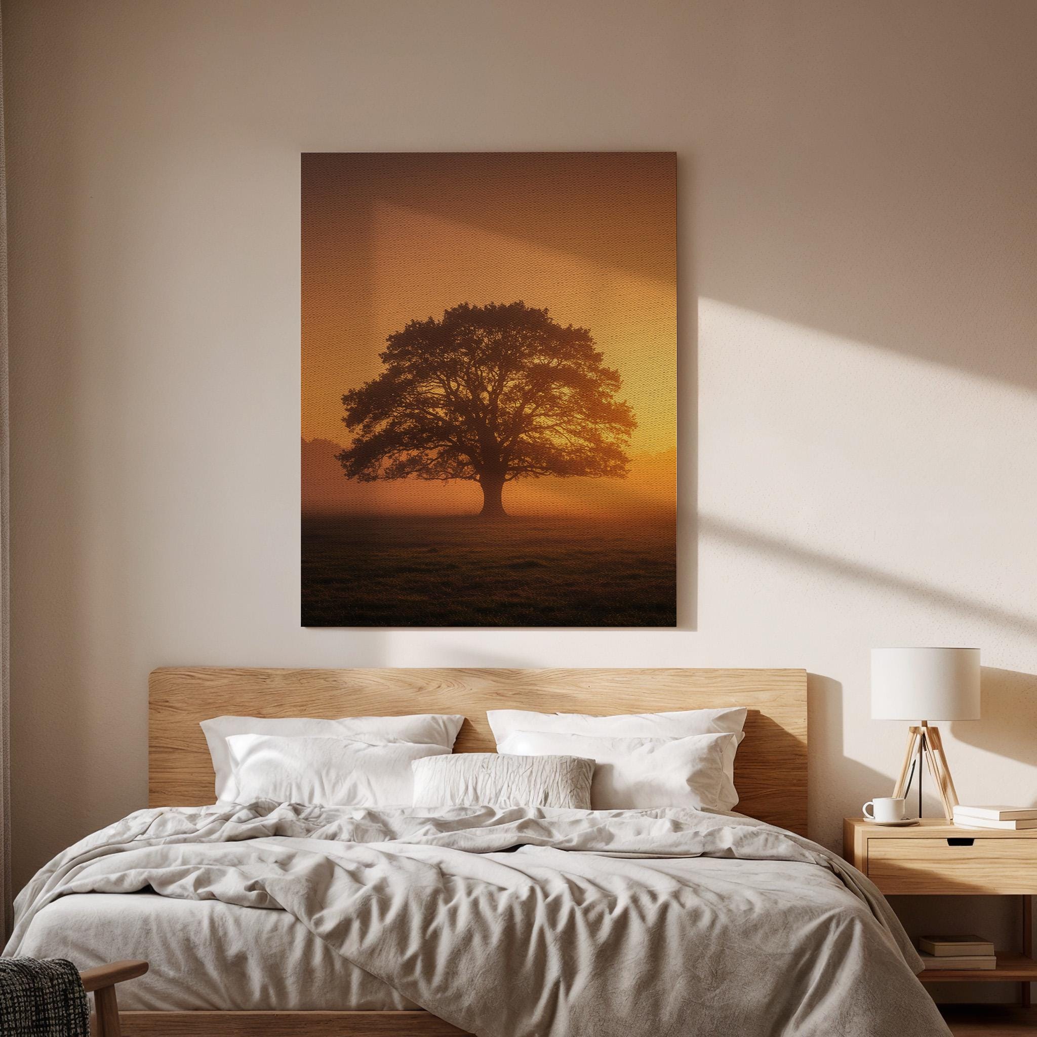 Sunset Tree Canvas Wall Art, Golden Hour Landscape Print, Framed Nature Photography, Serene Minimal Artwork for Living Room Bedroom