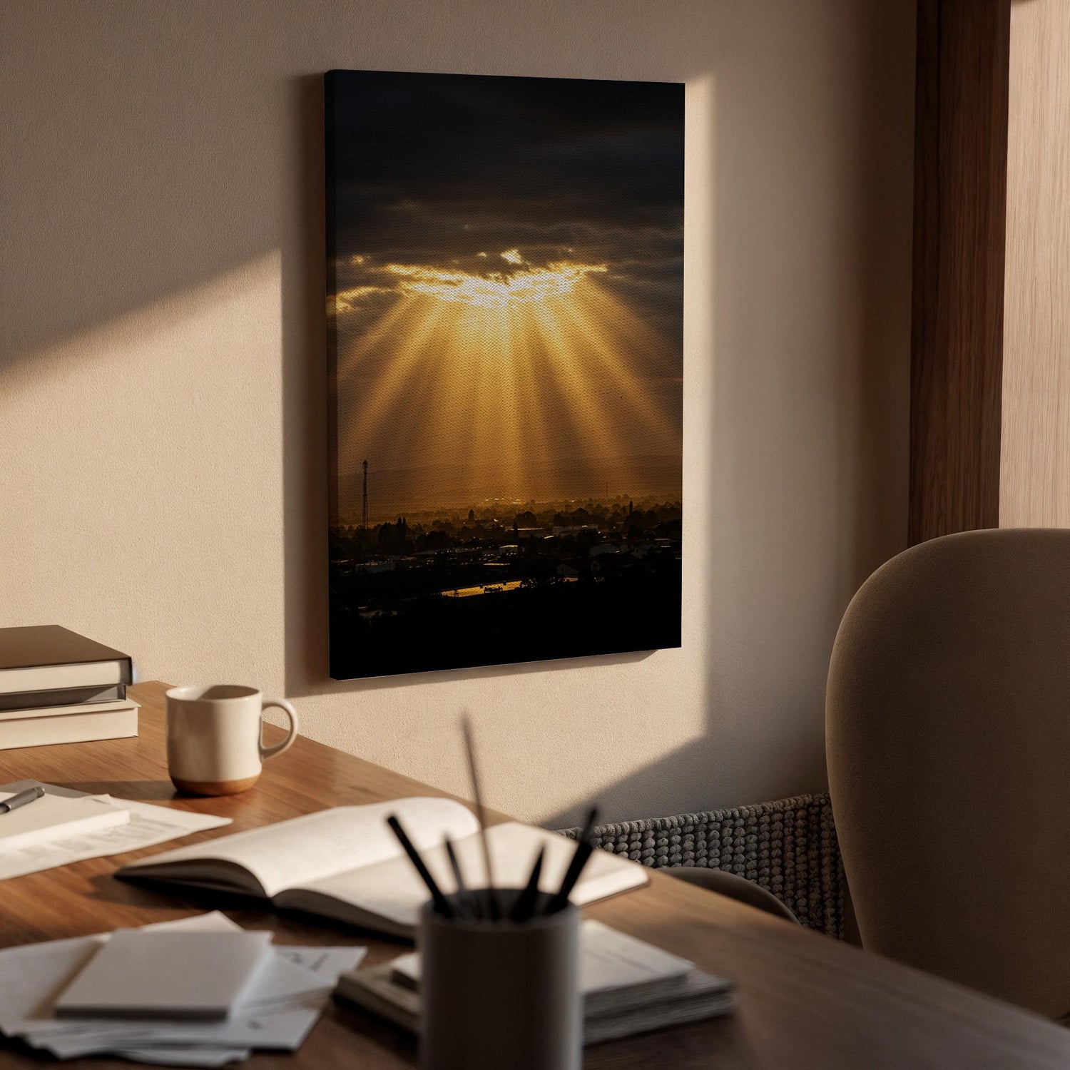 Golden Sun Rays Canvas Wall Art, Dramatic Sunset Sky Print, Framed Nature Photography, Serene Landscape Artwork for Living Room Bedroom