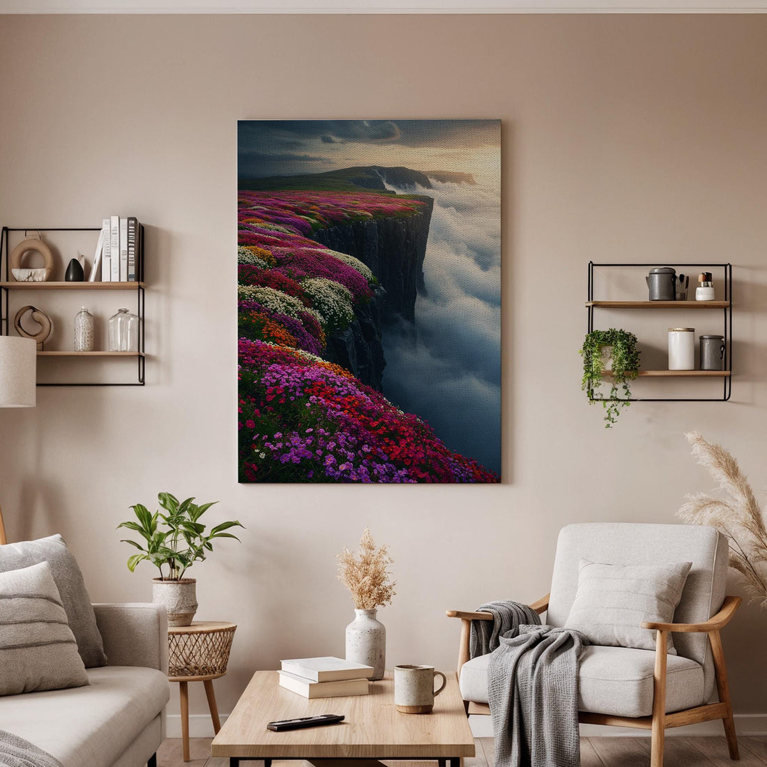 Flower Cliff Canvas Wall Art, Vibrant Nature Landscape Print, Framed Wildflower Artwork, Colorful Scenic Wall Decor for Living Room Bedroom