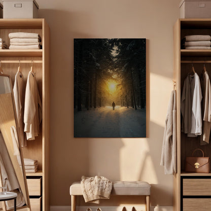 Forest Sunset Canvas Wall Art, Winter Snow Landscape Print, Framed Nature Artwork, Scenic Sunlight Path Wall Decor for Living Room Bedroom