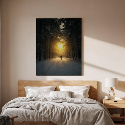 Forest Sunset Canvas Wall Art, Winter Snow Landscape Print, Framed Nature Artwork, Scenic Sunlight Path Wall Decor for Living Room Bedroom