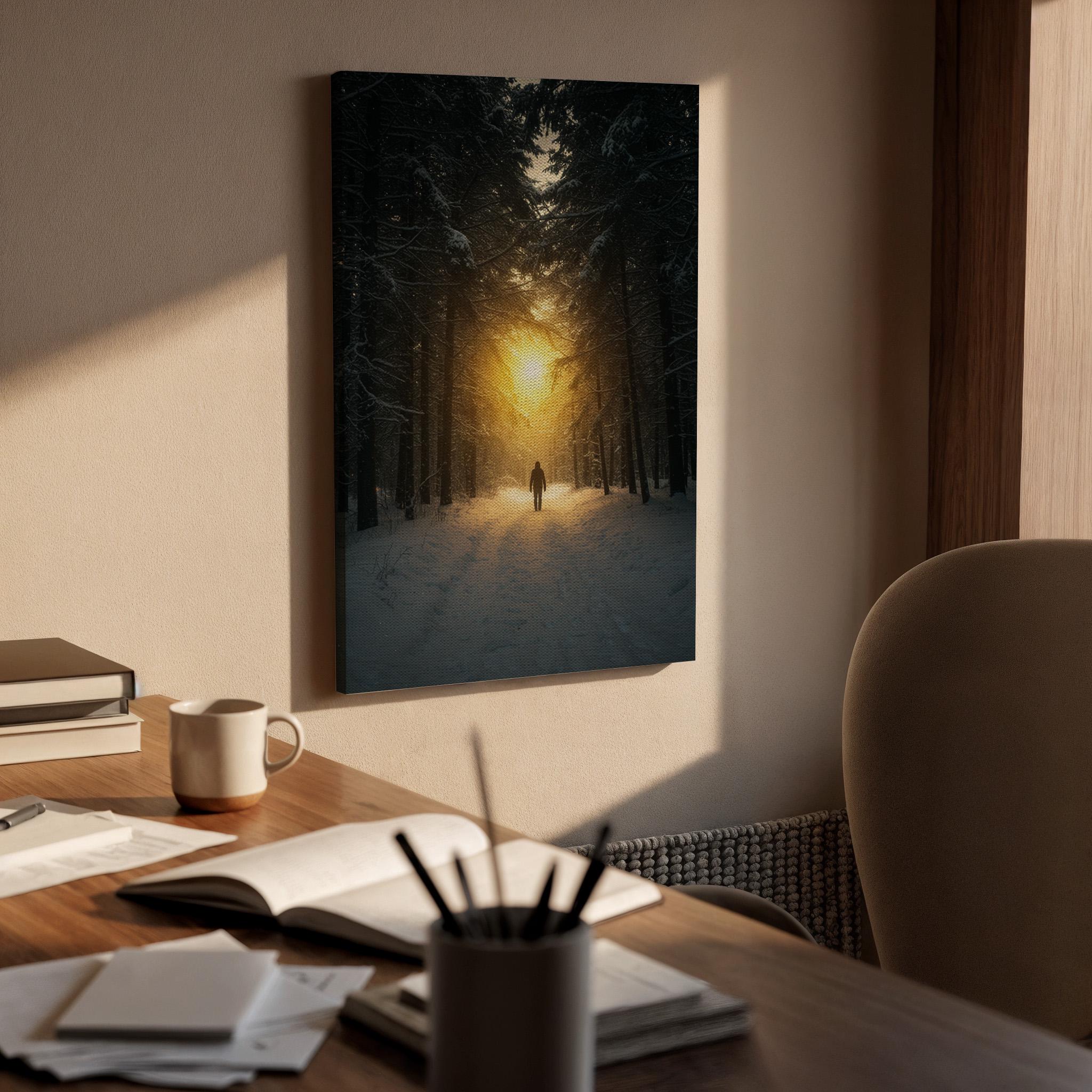 Forest Sunset Canvas Wall Art, Winter Snow Landscape Print, Framed Nature Artwork, Scenic Sunlight Path Wall Decor for Living Room Bedroom