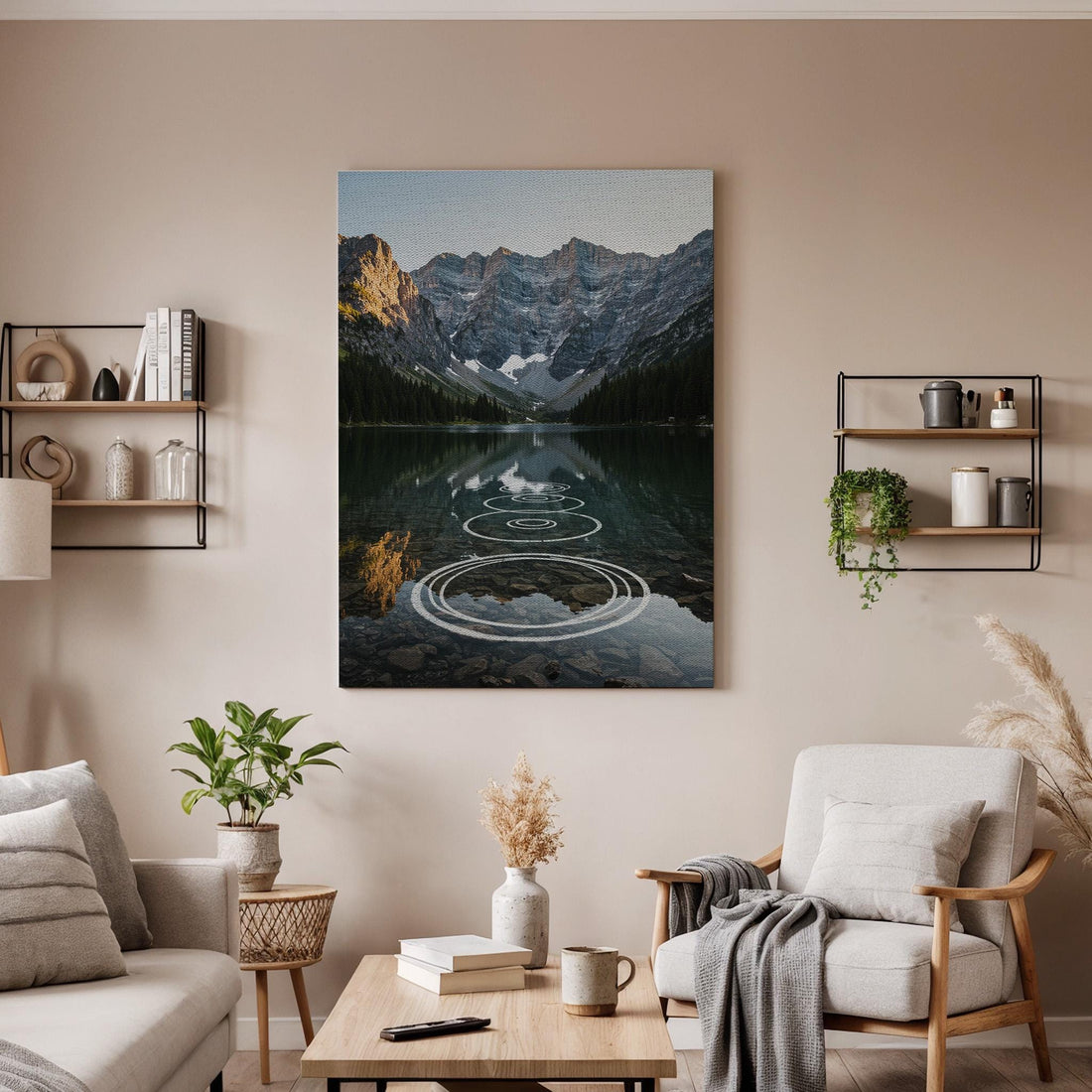 Mountain Lake Canvas Wall Art, Scenic Nature Landscape Print, Framed Reflection Artwork, Tranquil Water Ripple Wall Decor for Living Room