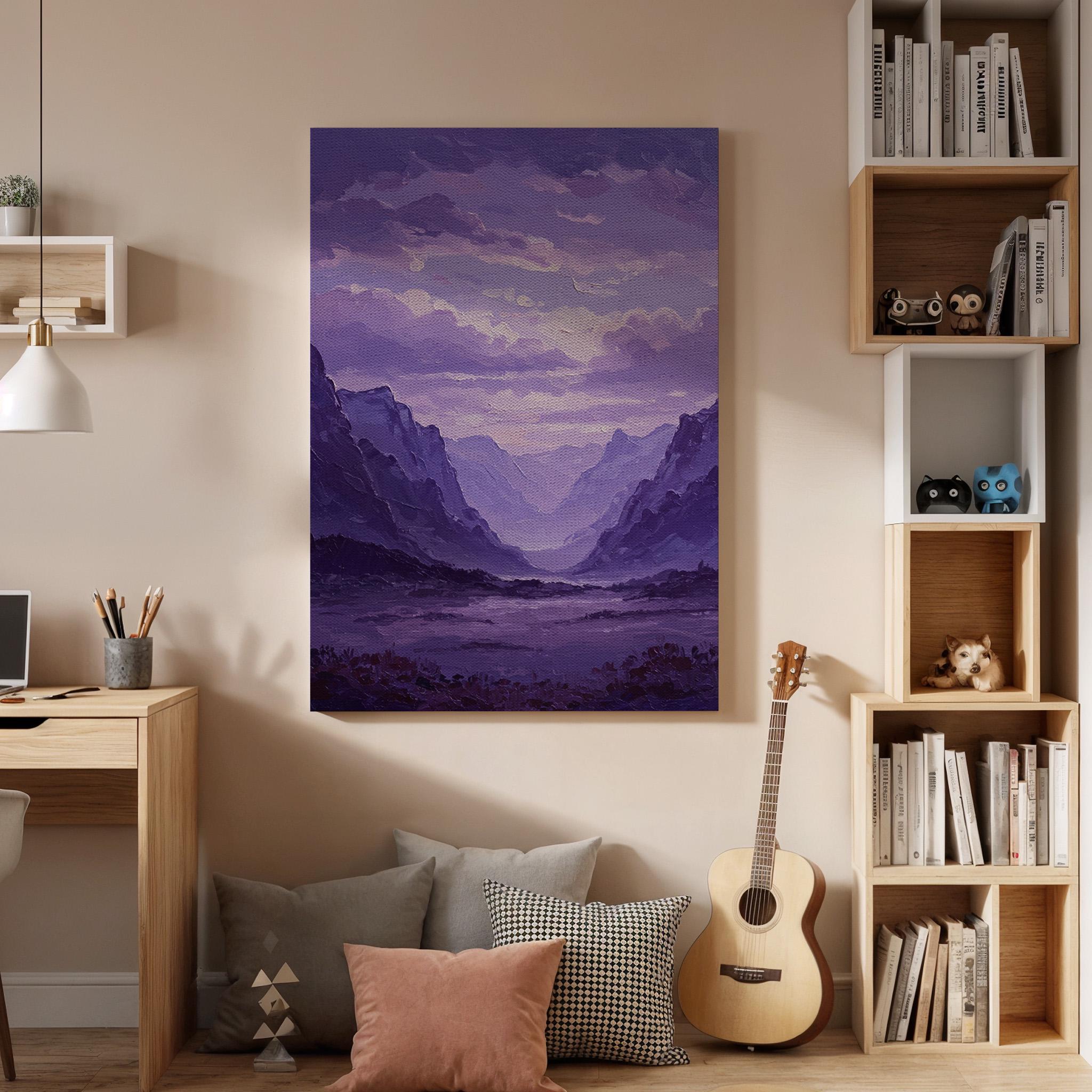 Purple Mountain Canvas Wall Art, Abstract Landscape Print, Framed Valley Artwork,Modern Minimal Nature Painting,Scenic Wall Decor for Office