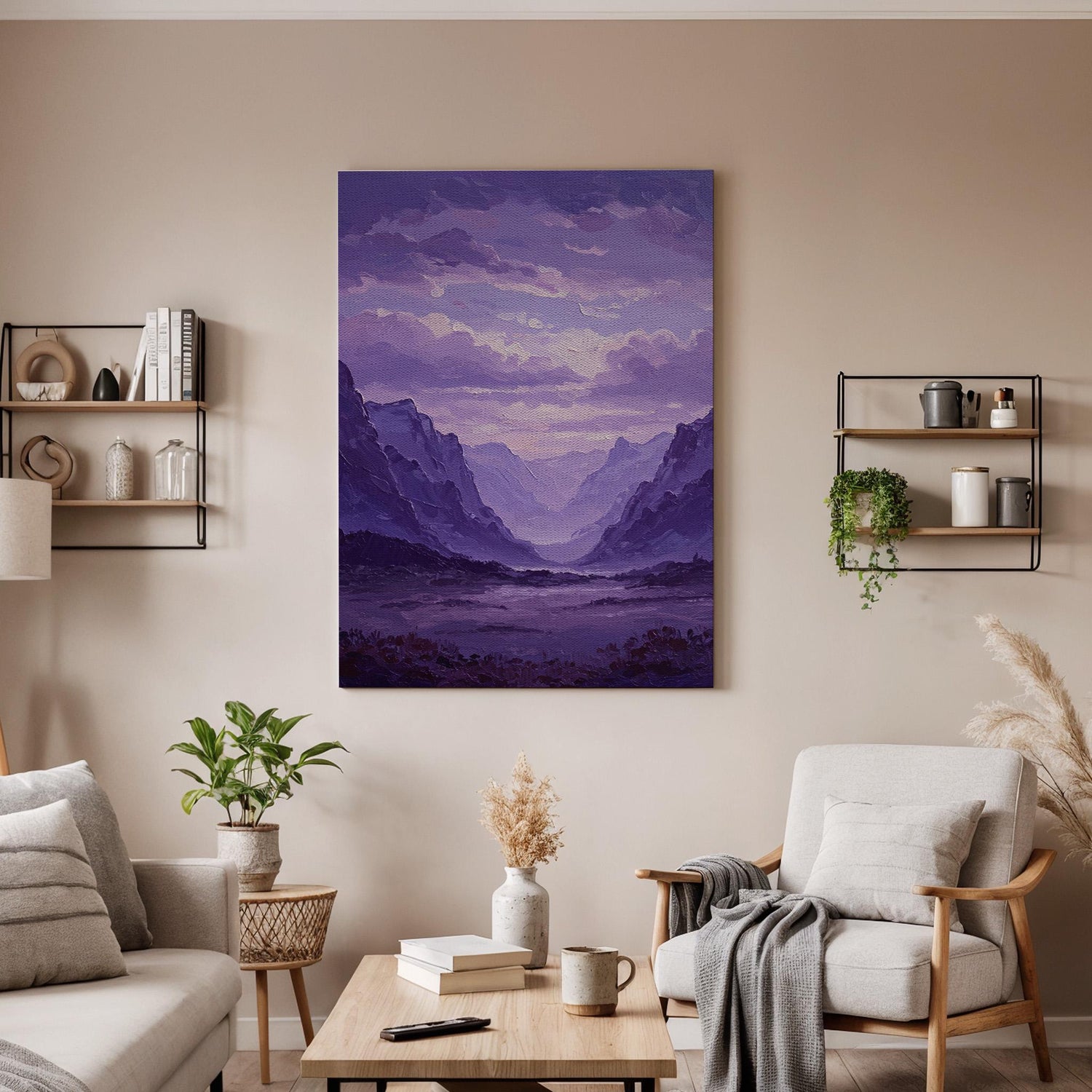 Purple Mountain Canvas Wall Art, Abstract Landscape Print, Framed Valley Artwork,Modern Minimal Nature Painting,Scenic Wall Decor for Office