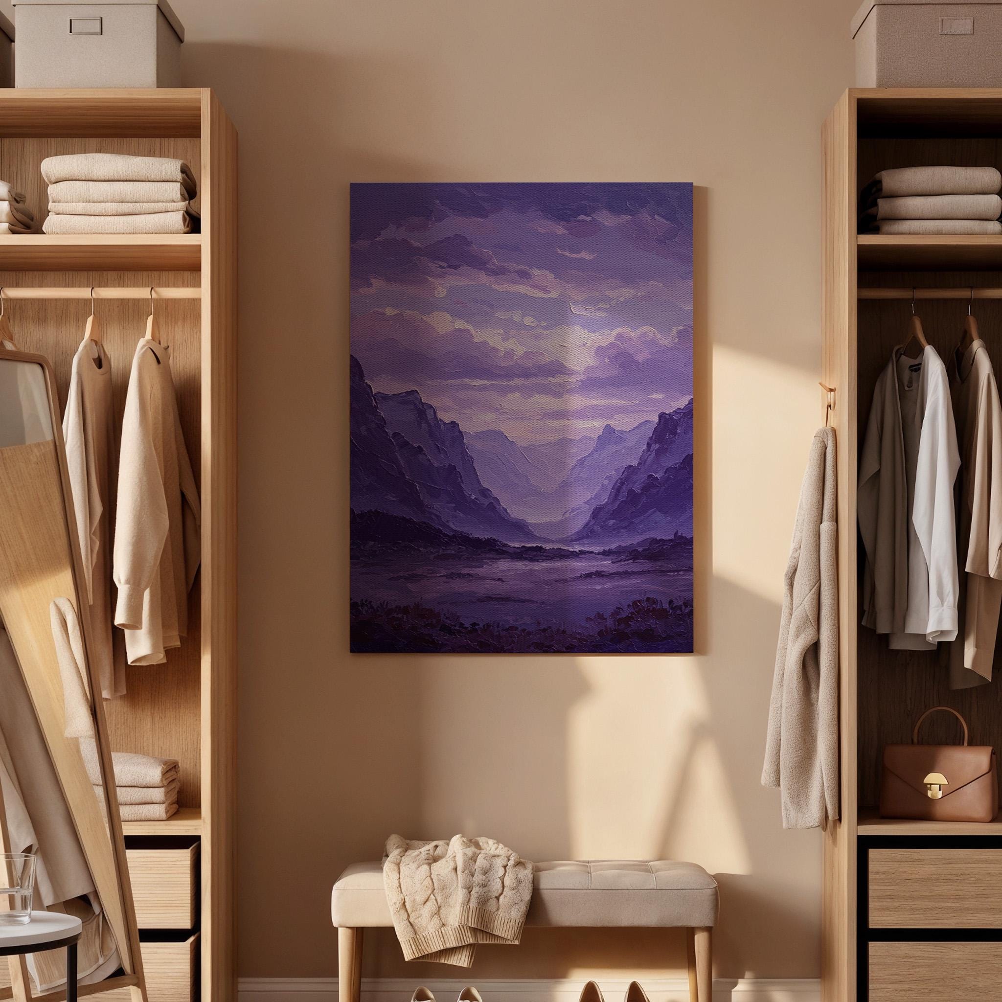 Purple Mountain Canvas Wall Art, Abstract Landscape Print, Framed Valley Artwork,Modern Minimal Nature Painting,Scenic Wall Decor for Office