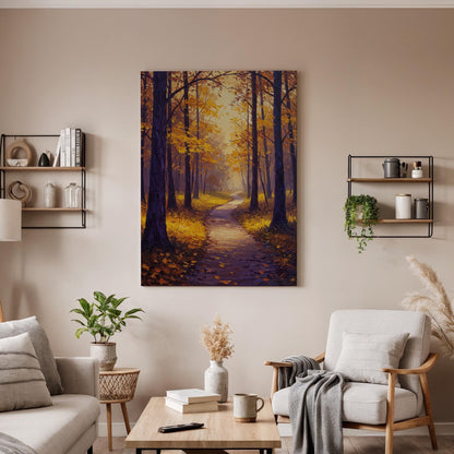 Autumn Forest Canvas Wall Art, Golden Pathway Print, Fall Landscape Decor, Framed Woodland Artwork, Warm Autumn Painting for Living Room