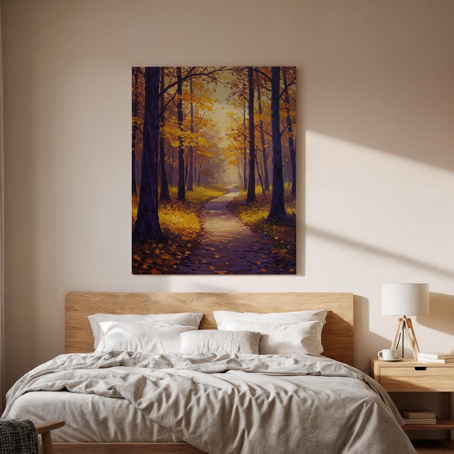Autumn Forest Canvas Wall Art, Golden Pathway Print, Fall Landscape Decor, Framed Woodland Artwork, Warm Autumn Painting for Living Room