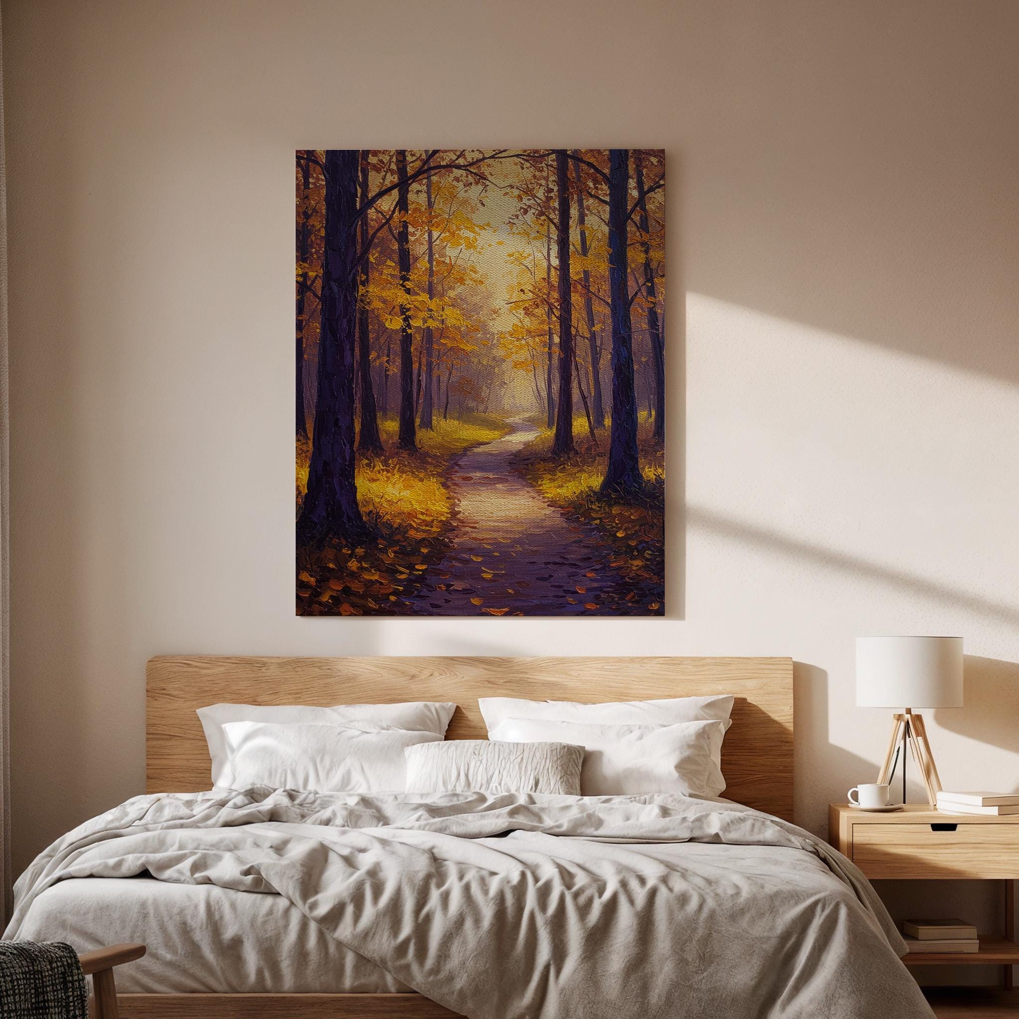 Autumn Forest Canvas Wall Art, Golden Pathway Print, Fall Landscape Decor, Framed Woodland Artwork, Warm Autumn Painting for Living Room