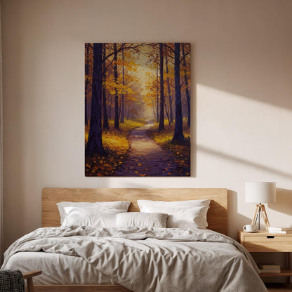 Autumn Forest Canvas Wall Art, Golden Pathway Print, Fall Landscape Decor, Framed Woodland Artwork, Warm Autumn Painting for Living Room