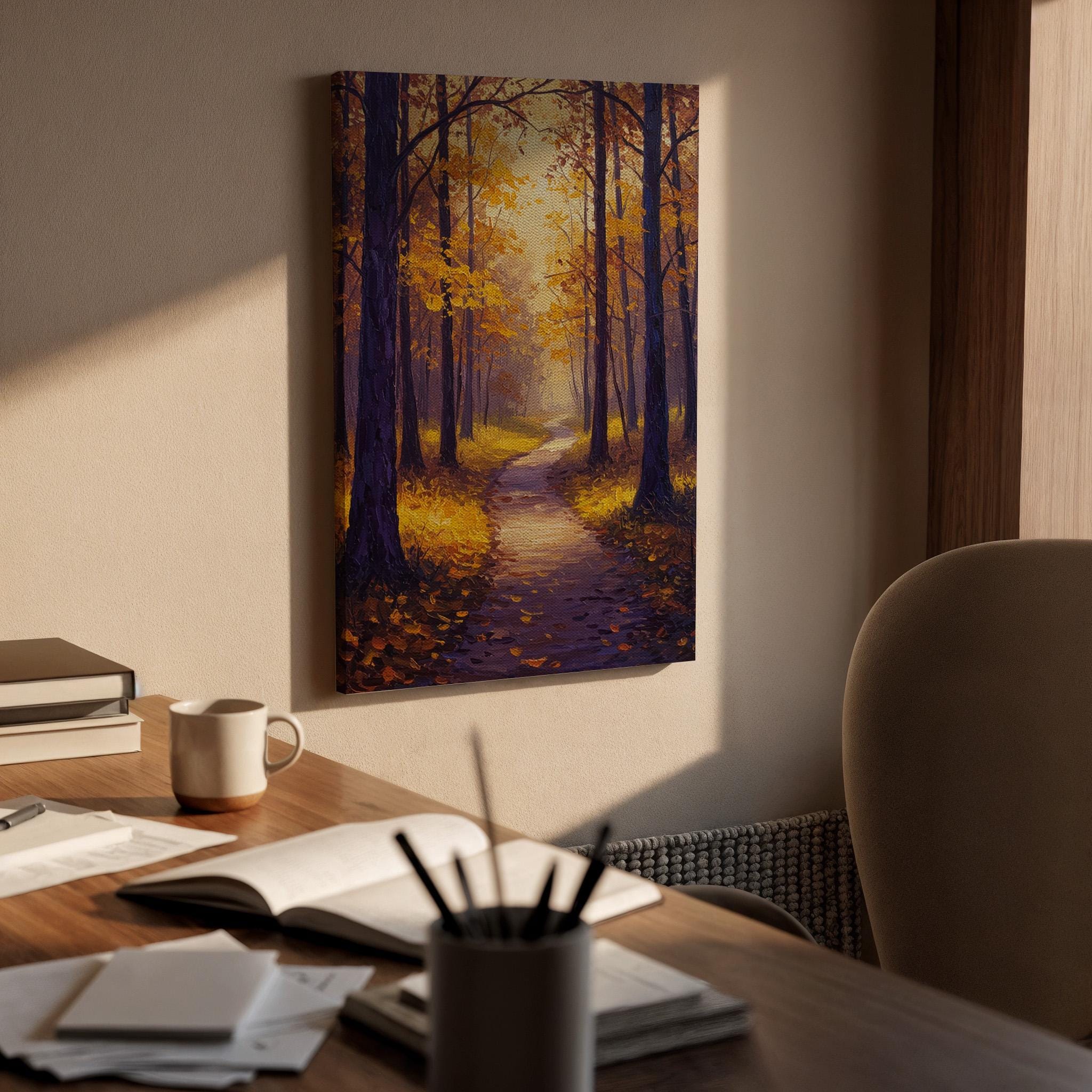 Autumn Forest Canvas Wall Art, Golden Pathway Print, Fall Landscape Decor, Framed Woodland Artwork, Warm Autumn Painting for Living Room