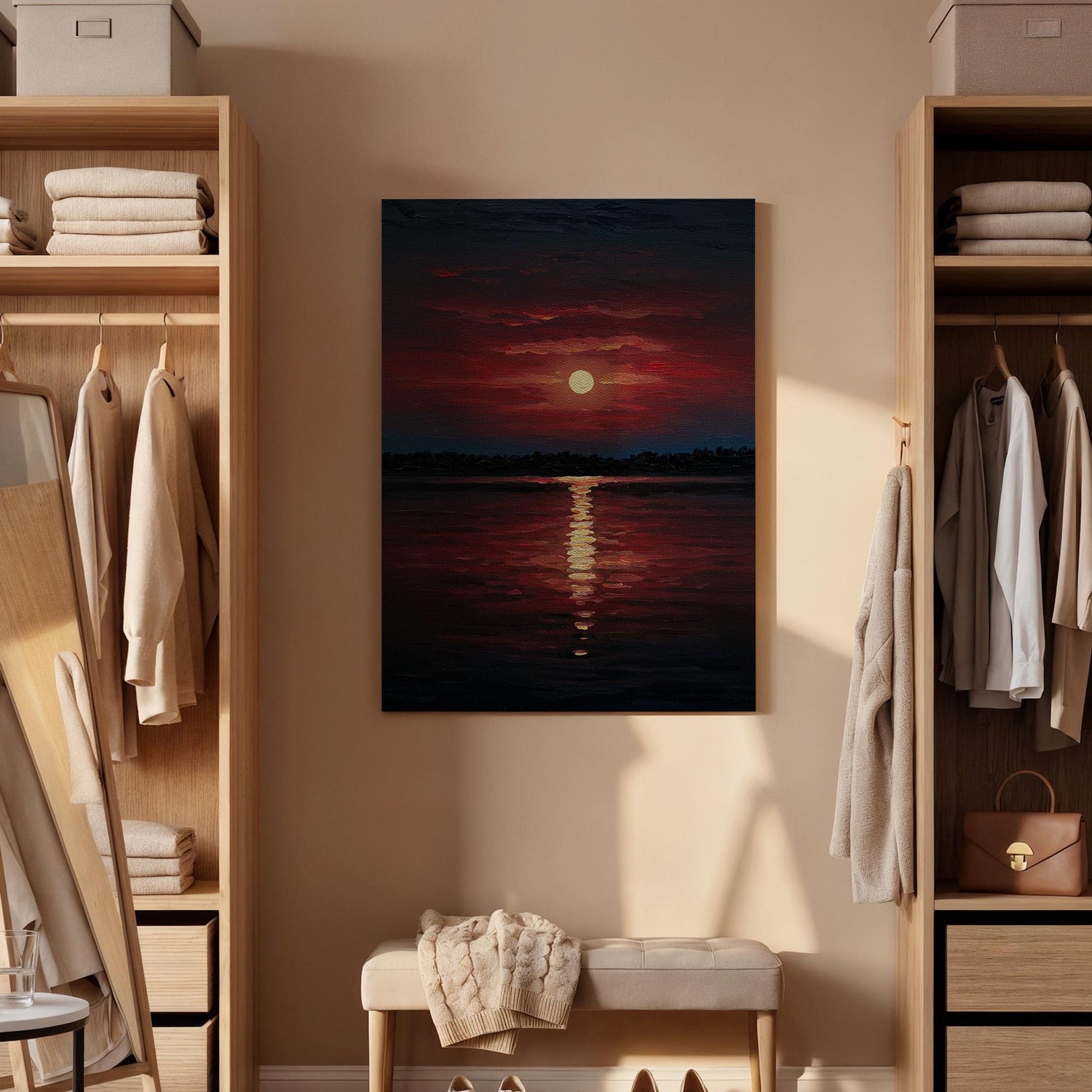 Red Sunset Canvas Wall Art, Golden Reflection Print, Dark Ocean Seascape Decor, Framed Horizon Artwork,Dramatic Sky Painting for Living Room