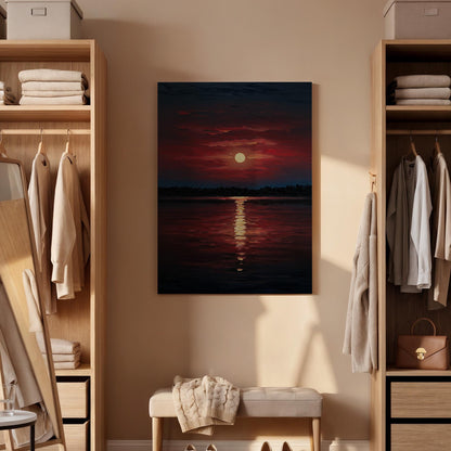 Red Sunset Canvas Wall Art, Golden Reflection Print, Dark Ocean Seascape Decor, Framed Horizon Artwork,Dramatic Sky Painting for Living Room
