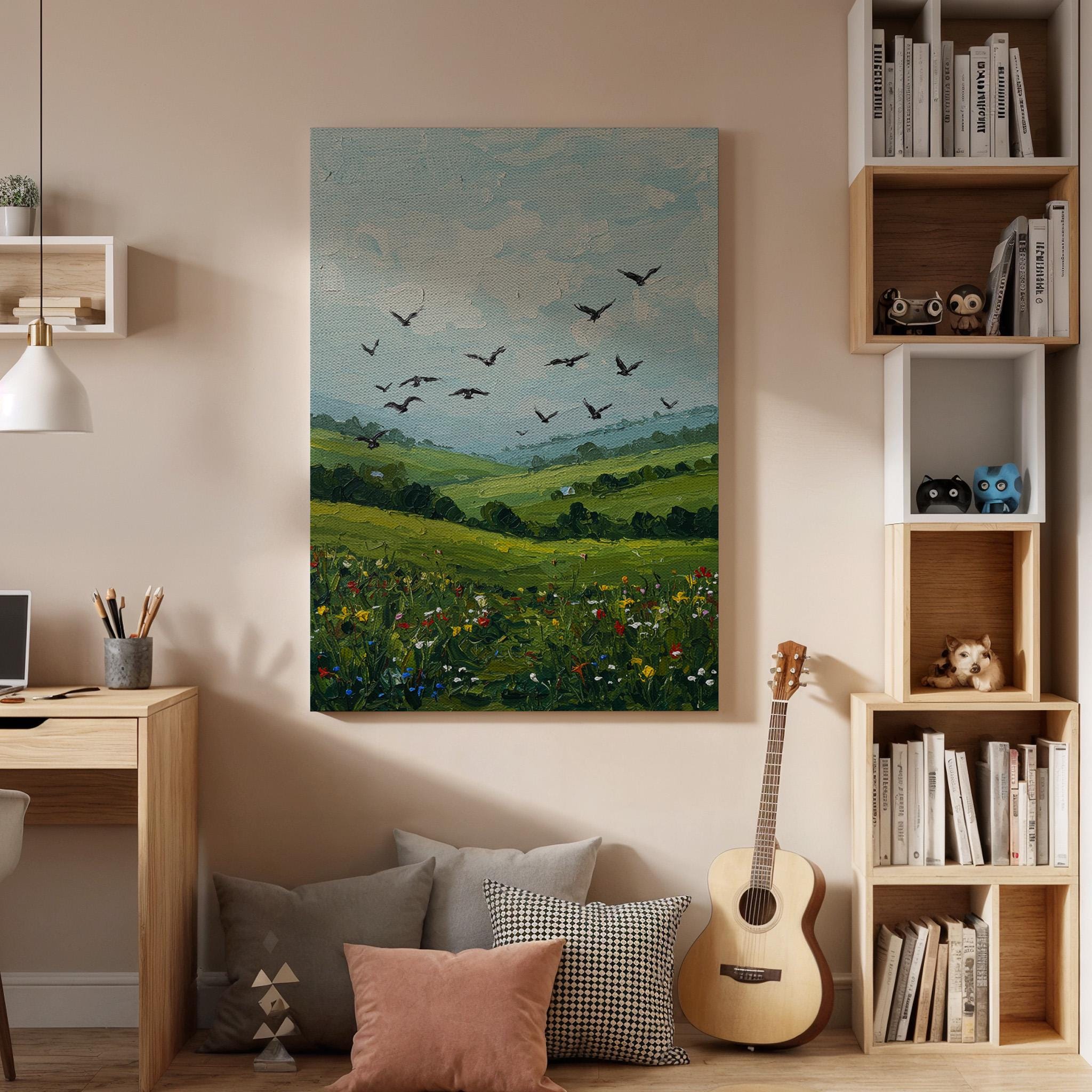 Green Landscape Canvas Wall Art, Birds in Sky Print, Nature Field Artwork,Framed Countryside Decor,Rustic Farmhouse Painting for Living Room