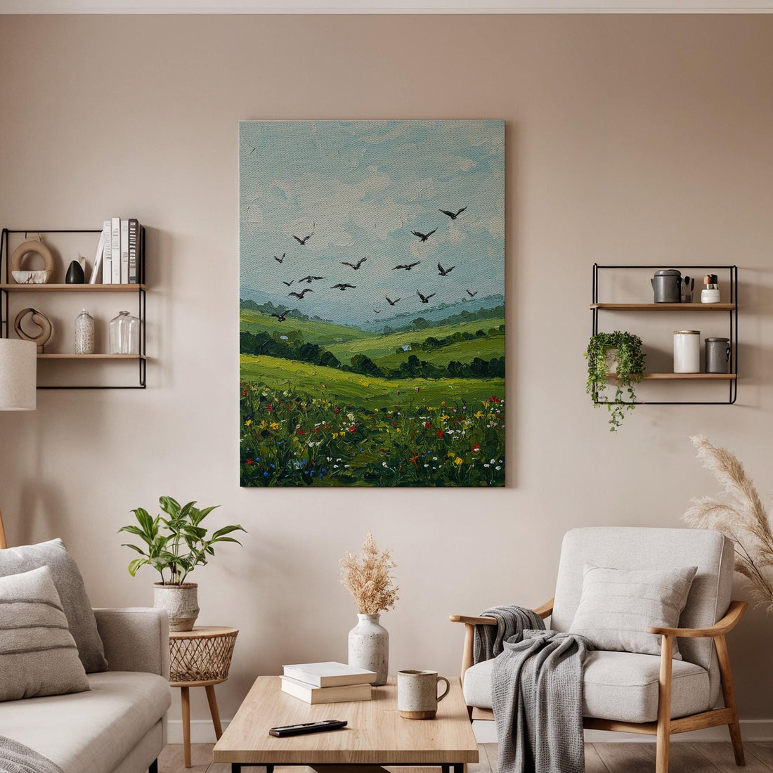 Green Landscape Canvas Wall Art, Birds in Sky Print, Nature Field Artwork,Framed Countryside Decor,Rustic Farmhouse Painting for Living Room