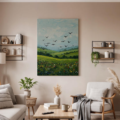 Green Landscape Canvas Wall Art, Birds in Sky Print, Nature Field Artwork,Framed Countryside Decor,Rustic Farmhouse Painting for Living Room