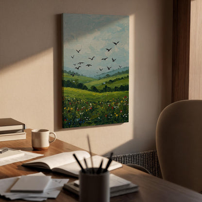 Green Landscape Canvas Wall Art, Birds in Sky Print, Nature Field Artwork,Framed Countryside Decor,Rustic Farmhouse Painting for Living Room