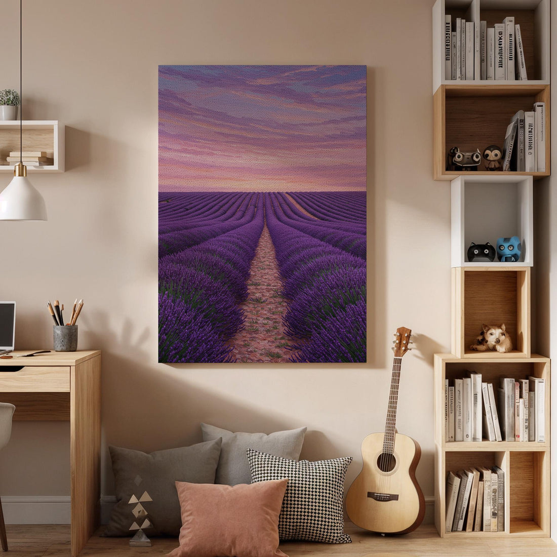 Lavender Field Canvas Wall Art, Purple Sunset Landscape Print, Framed Provence Artwork, Rustic Countryside Decor for Bedroom or Living Room