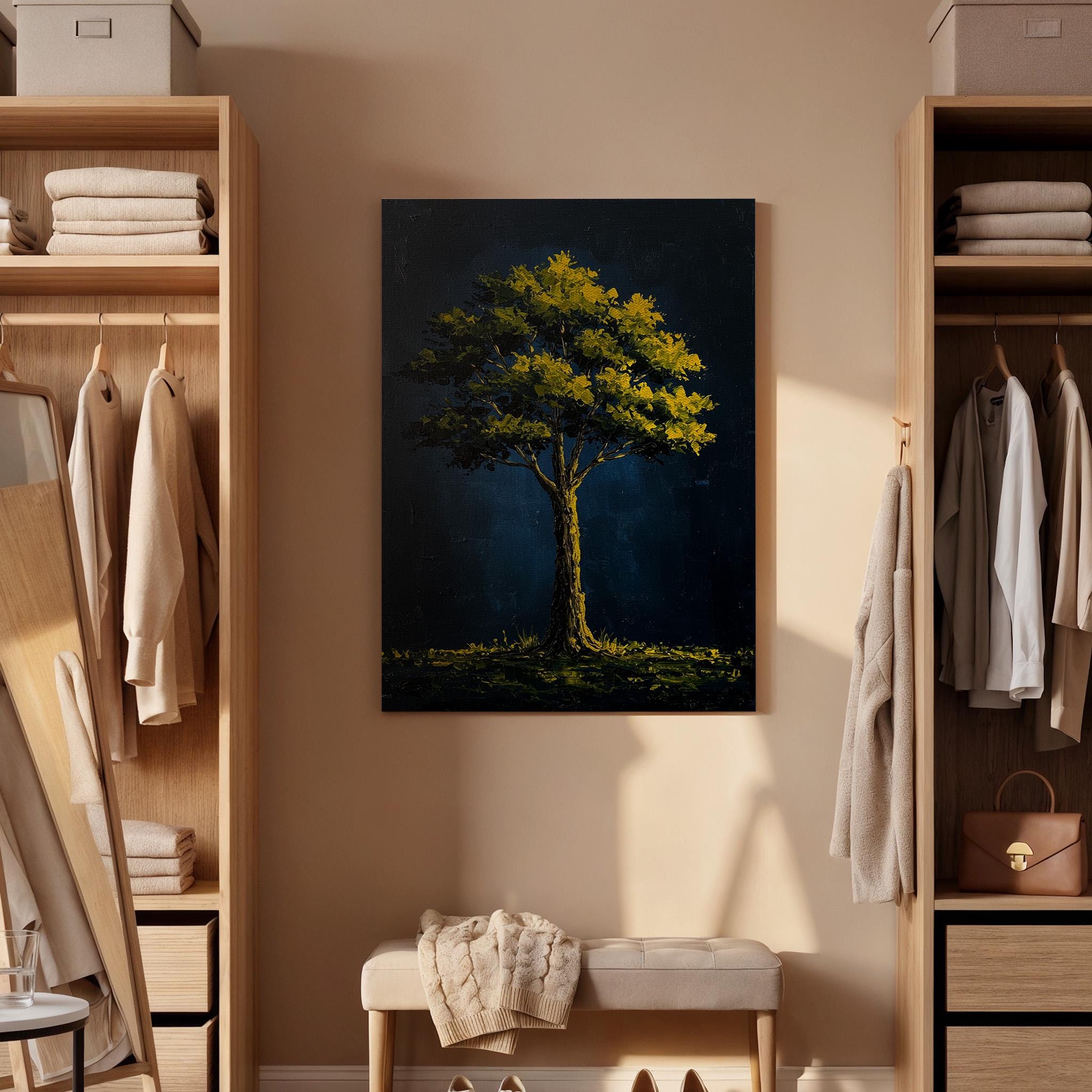 Golden Tree Canvas Wall Art, Dark Blue Night Print, Framed Nature Artwork, Modern Abstract Decor, Elegant Botanical Painting for Living Room