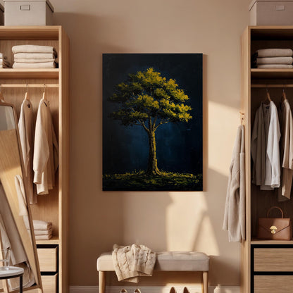 Golden Tree Canvas Wall Art, Dark Blue Night Print, Framed Nature Artwork, Modern Abstract Decor, Elegant Botanical Painting for Living Room