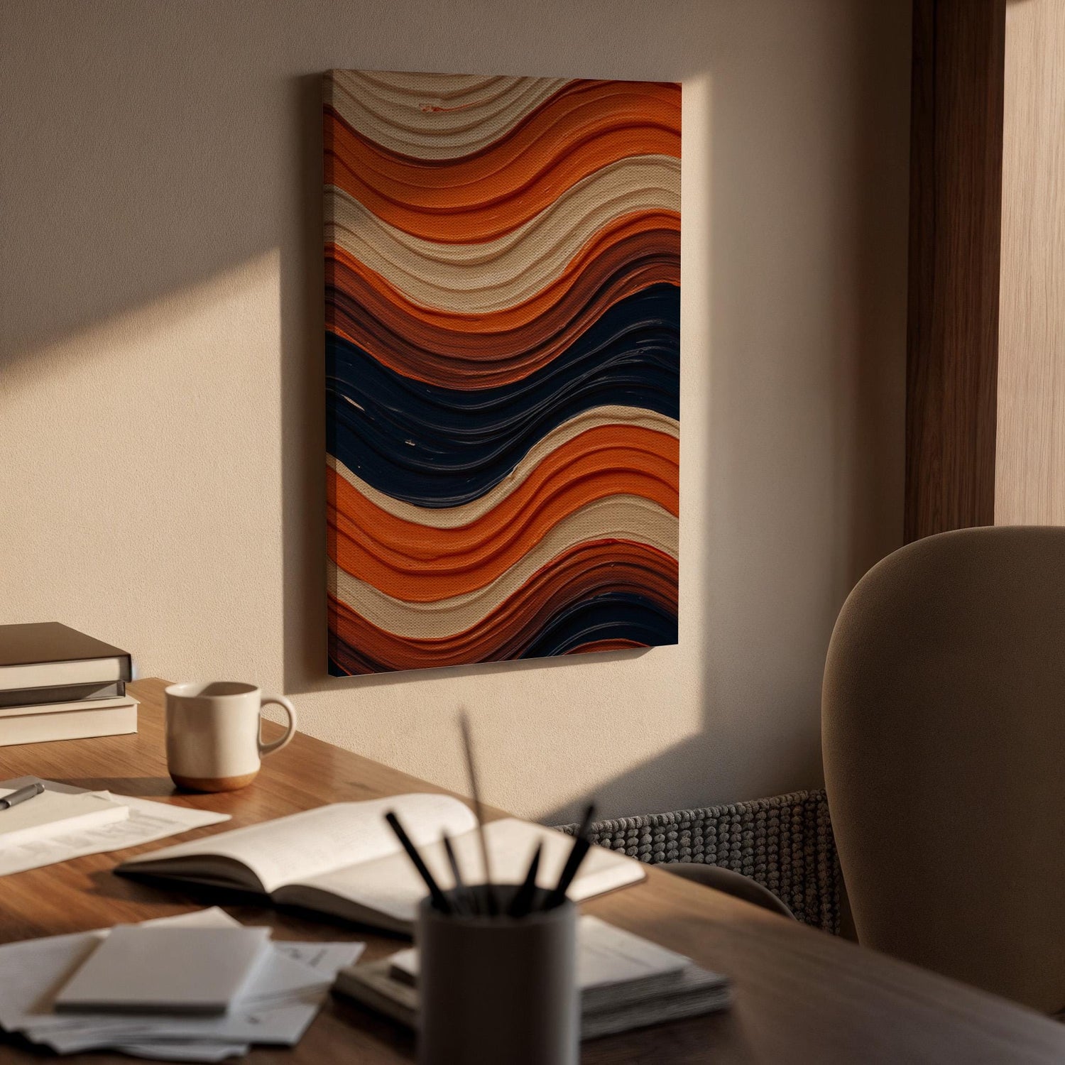 Orange Blue Wave Canvas Wall Art, Abstract Geometric Print, Framed Modern Artwork, Minimal Decor, Vibrant Pattern Painting for Living Room