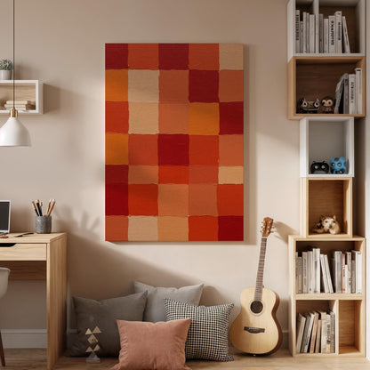 Geometric Squares Canvas Wall Art, Abstract Red Orange Pattern Print, Bold Modern Artwork, Framed Minimal Decor for Living Room or Office