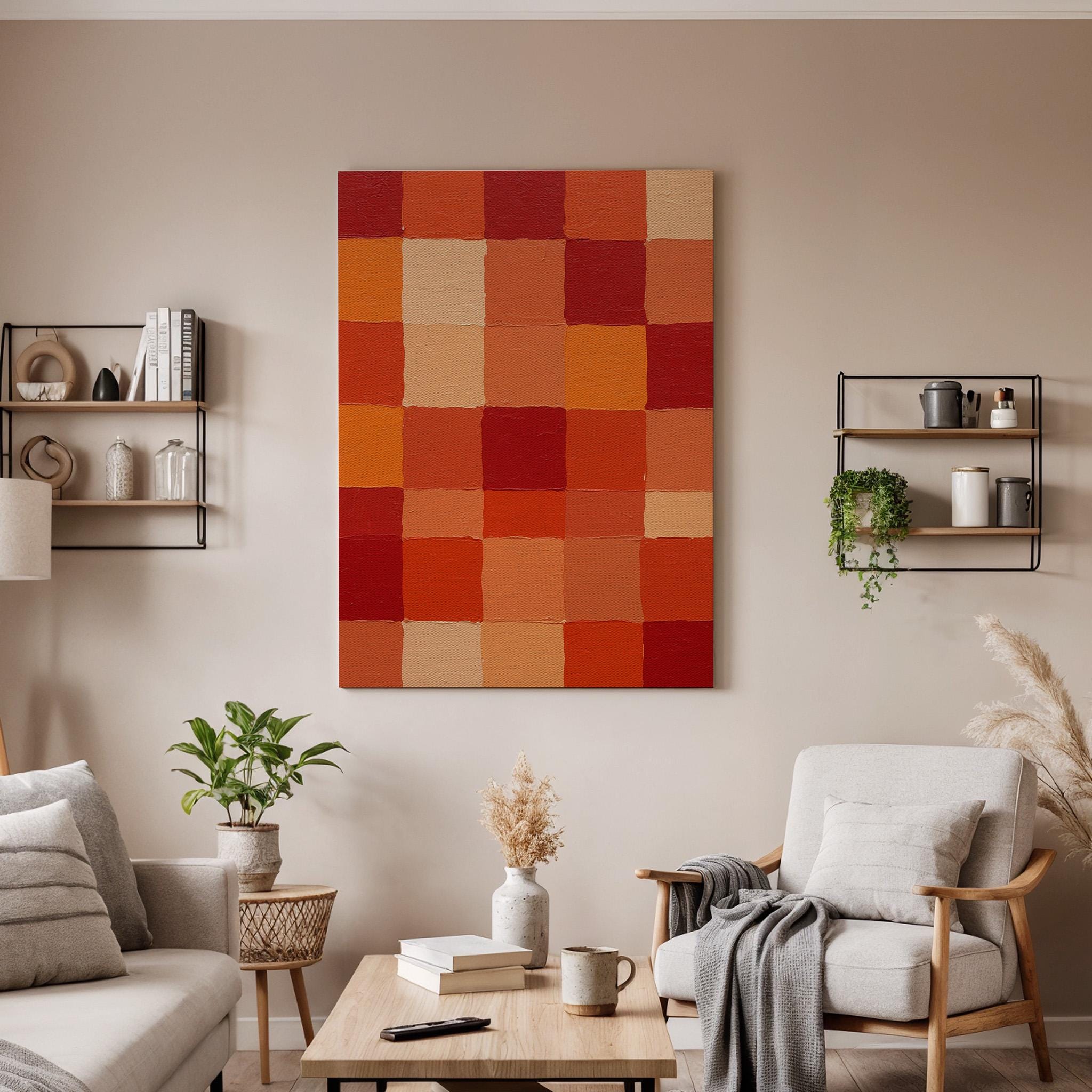 Geometric Squares Canvas Wall Art, Abstract Red Orange Pattern Print, Bold Modern Artwork, Framed Minimal Decor for Living Room or Office