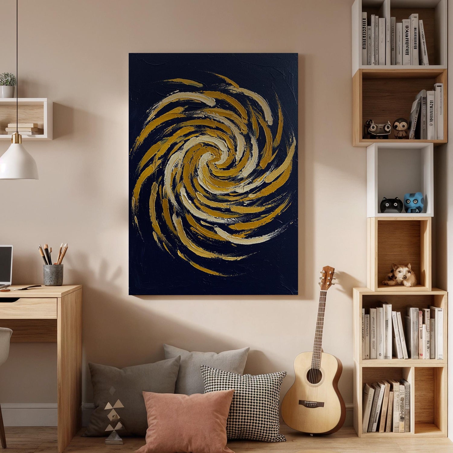 Abstract Swirl Canvas Wall Art, Blue and Gold Spiral Painting Print, Modern Geometric Artwork, Framed Minimal Decor for Living Room, Office